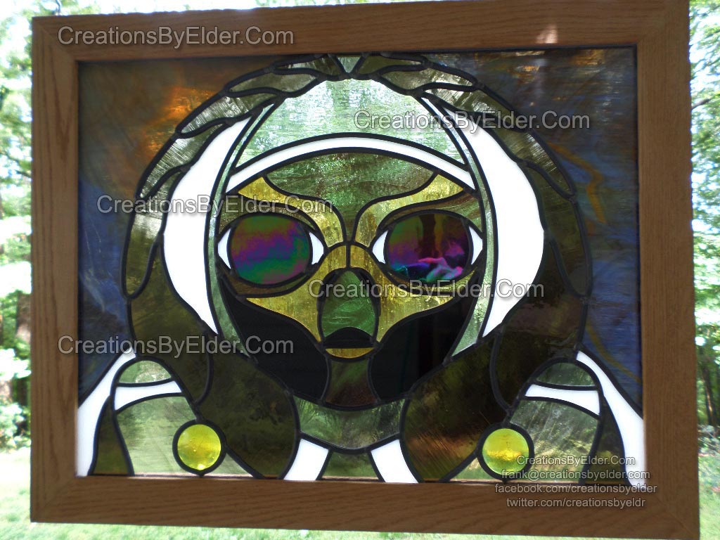 alien astronaut stained glass panel leaded art