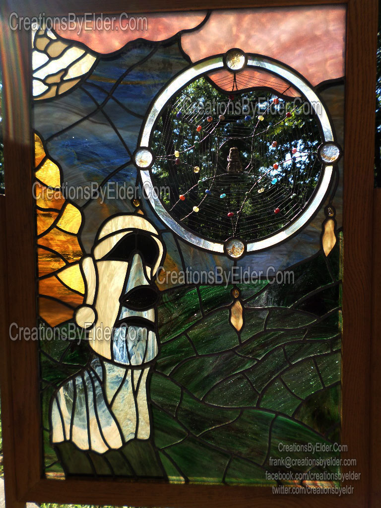 dreaming in glass #2 stained leaded art glass panel full sized moai dreamcatcher easter island unique one of a kind